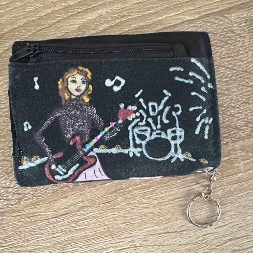 Vintage Y2k Rocker Girl Black Canvas Beaded Bifold Wallet Coin Purse Keyring